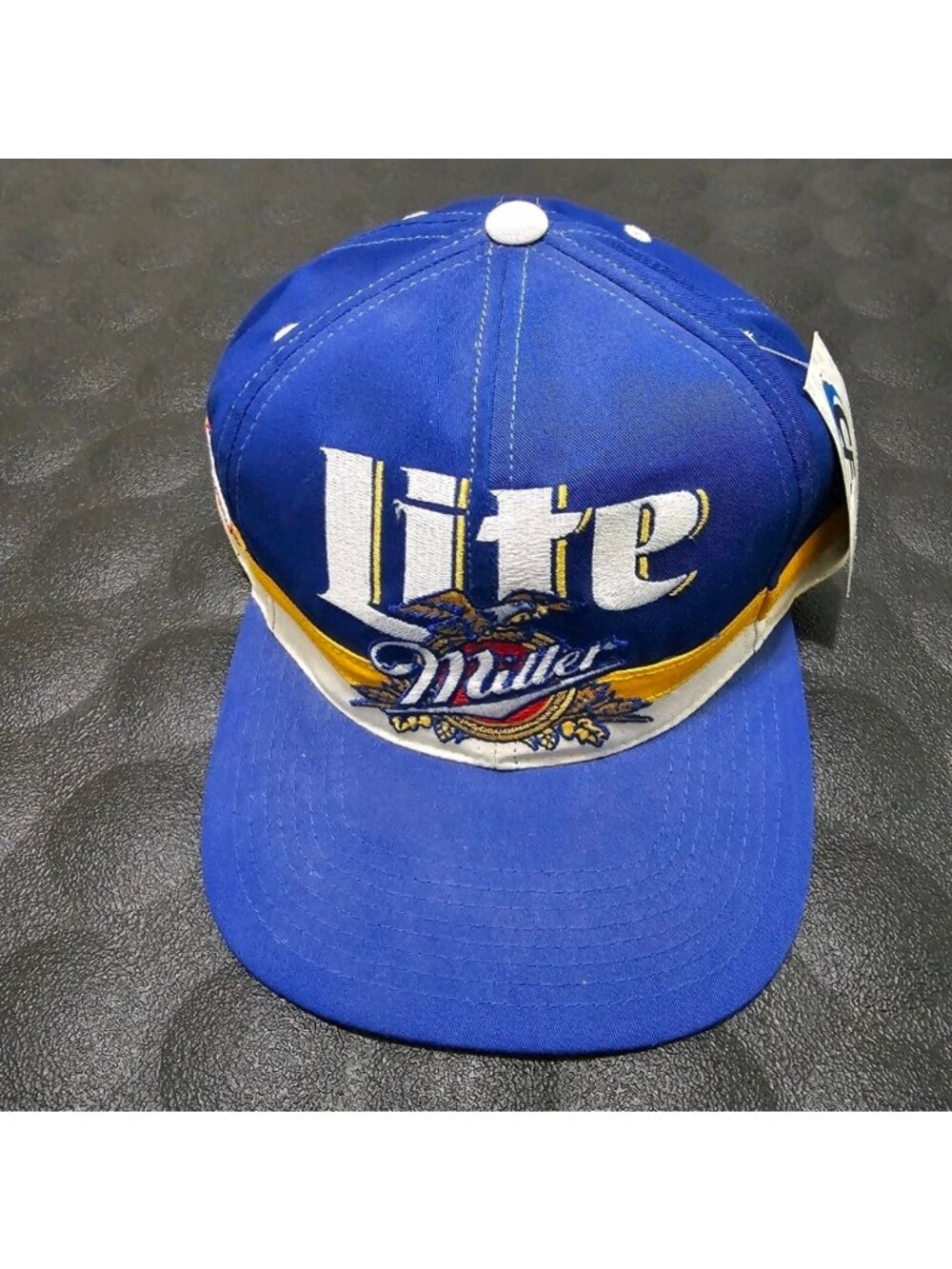 Vintage 90s Miller Lite Stripe Hat Big Logo Print Cap We race for beer